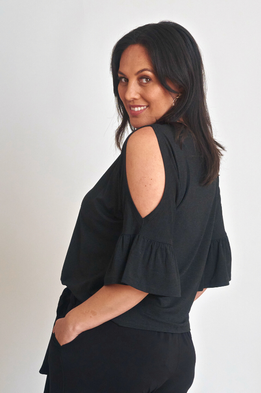 Sofia Cold Shoulder Frill Sleeve Top - Charcoal Marle - Final Sale
